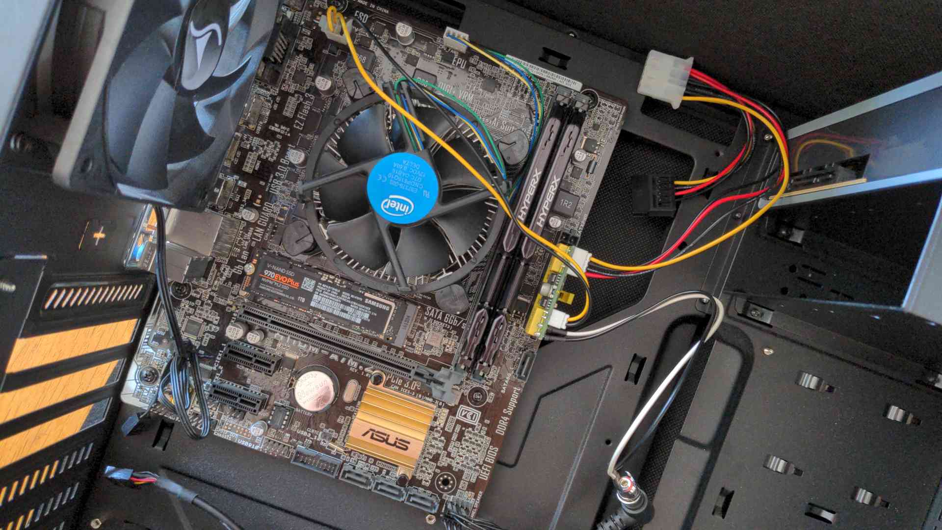 An image of the assembled mainboard and the PicoPSU-90.